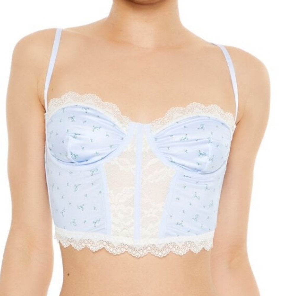 NWT Ditsy Floral Lace Trim Bralette - Cloud Blue, Baby Blue Lingerie Crop Top
